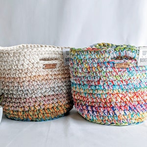 Scrappy Basket Made With Cotton Yarn, One of a Kind Handmade Crochet Home Decor, Unique Storage or Project Bag image 1