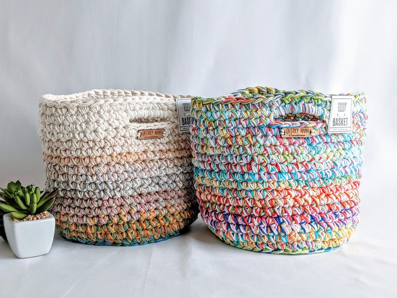 Scrappy Basket Made With Cotton Yarn, One of a Kind Handmade Crochet Home Decor, Unique Storage or Project Bag image 1