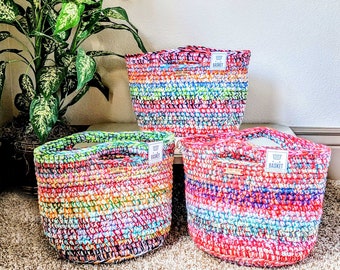 Bright and Colorful Crocheted Scrappy Yarn Basket with Handles for Storage, Organization, & Home or Office Decor