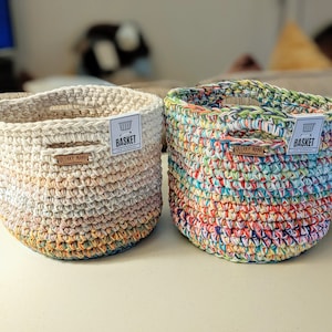 Scrappy Basket Made With Cotton Yarn, One of a Kind Handmade Crochet Home Decor, Unique Storage or Project Bag image 6