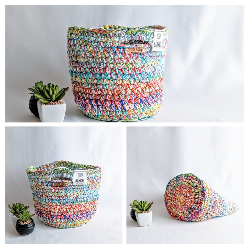 Scrappy Basket Made With Cotton Yarn, One of a Kind Handmade Crochet Home Decor, Unique Storage or Project Bag image 3