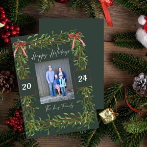 Garland, bows Happy New Year, Happy Holidays, Christmas Family Card Template Holiday Card Template Photo Collage,trending holidays 2024 card