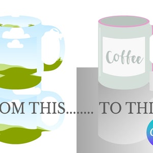 Può includere: Illustrazione di una trasformazione del design di una tazza da caffè. A sinistra, una tazza con un paesaggio, a destra, una tazza con la scritta "Coffee". La tazza a destra ha un manico e un bordo rosa. È presente anche il testo "FROM THIS... TO THIS".