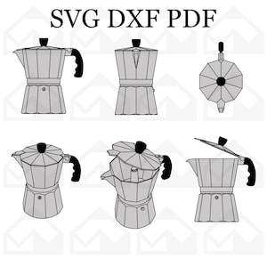 May include: A black and white line drawing of a moka pot in six different views. The moka pot is a traditional Italian coffee maker.