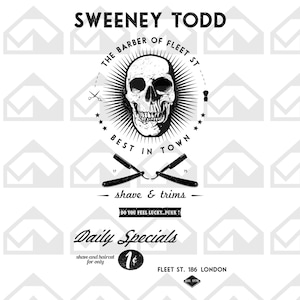 Puede incluir: Ilustración en blanco y negro de una calavera con una navaja de afeitar y el texto "Sweeney Todd, The Barber of Fleet St. Best in Town, shave & trims, Do you feel lucky... punk? Daily Specials, shave and haircut for only 1¢, Fleet St. 186 London, Est. 1775"