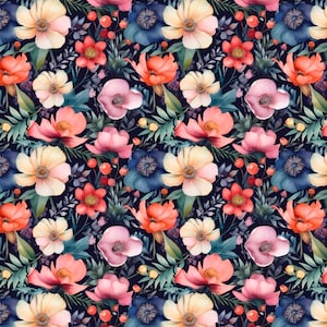 Può includere: Uno schema senza cuciture con illustrazioni ad acquerello di vari fiori in tonalità di rosa, rosso, blu e giallo. I fiori sono disposti in uno schema ripetitivo su uno sfondo blu scuro.