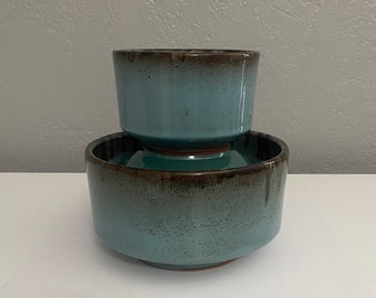 Small and Medium Low Ceramic Cylinder Bowls, Set of 2 - Forest Blue