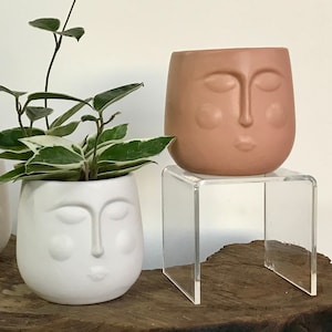 May include: Two ceramic face planters, one white and one light brown, with closed eyes and a simple nose and mouth. The brown planter is on a clear acrylic plant stand.