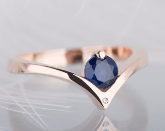 14K rose gold blue sapphire and diamond chevron ring