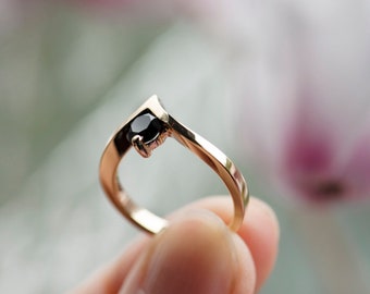 14K yellow gold black diamond chevron engagement ring