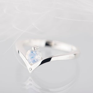 Sterling silver minimalist moonstone and diamond engagement chevron ring