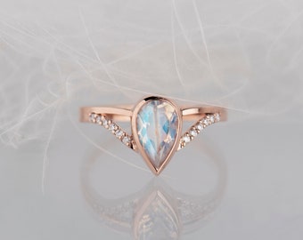 14K white, yellow or rose gold pear rainbow moonstone engagement ring