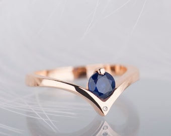 14K rose, yellow or white  gold lab created blue sapphire chevron ring