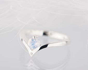 Sterling silver minimalist moonstone and diamond engagement chevron ring