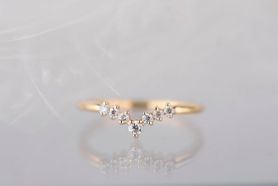14K yellow gold diamond, moissanite or white sapphire chevron wedding band