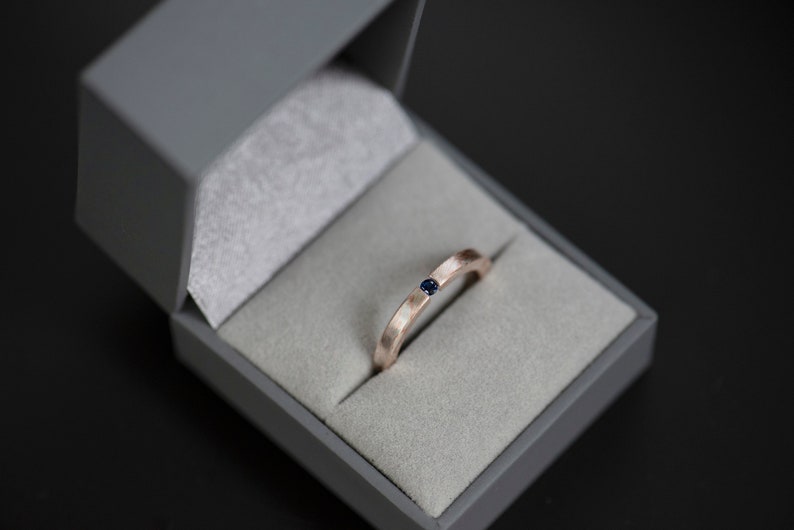 Mokume gane sterling silver and copper round natural blue sapphire tension engagement ring in a jewelry box