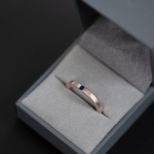 Mokume gane sterling silver and copper round natural blue sapphire tension engagement ring in a jewelry box
