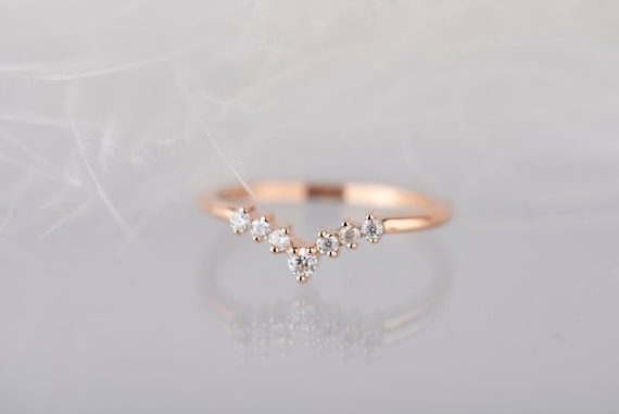 14K rose gold diamond, moissanite or white sapphire chevron wedding band