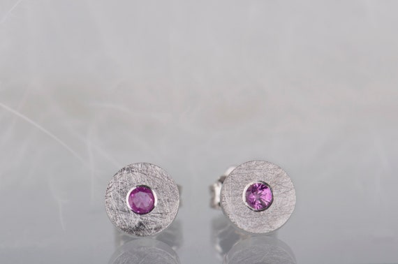 Natural pink ruby or pink sapphire small round stud earrings