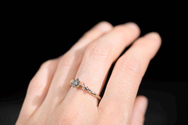 14K gold salt and pepper diamond and white diamonds engagement ring on hand
