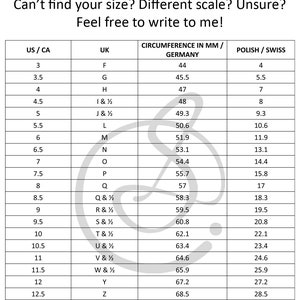 May include: Ring size guide with US/CA, UK, and Polish/Swiss sizes, plus circumference in millimeters for Germany. Includes sizes from 3 to 13, with corresponding UK letters and Polish/Swiss numbers. Text: "Can't find your size? Feel free to write to me!"