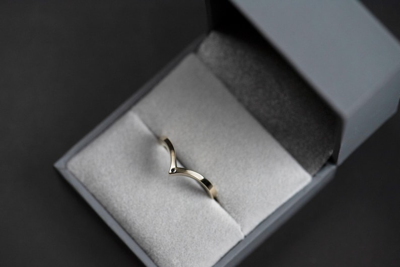 14K yellow gold small black diamond chevron wedding band