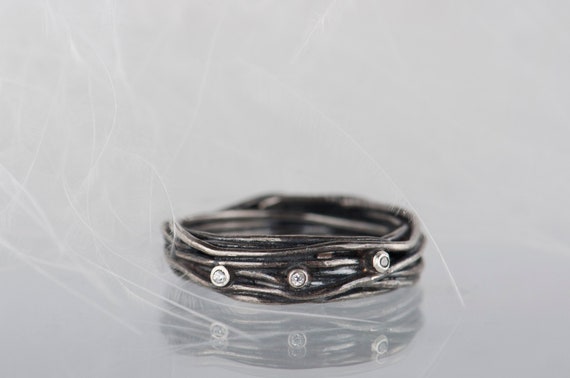 Black sterling silver diamonds organic ring