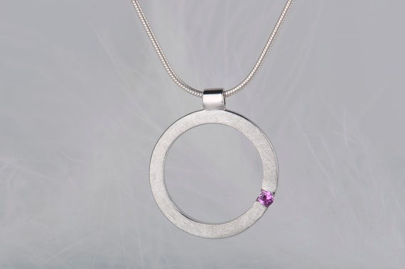 Sterling silver pink ruby or pink sapphire round pendant necklace