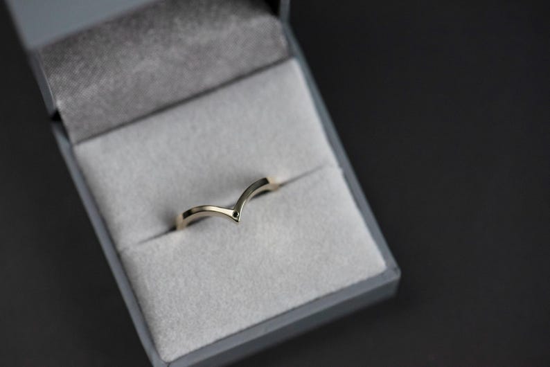 14K yellow gold small black diamond chevron wedding band