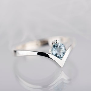 Sterling silver aquamarine engagement or promise chevron ring