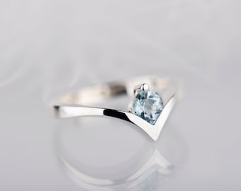 Sterling silver aquamarine engagement or promise chevron ring