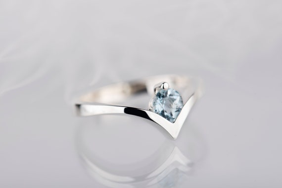 Sterling silver aquamarine engagement or promise chevron ring