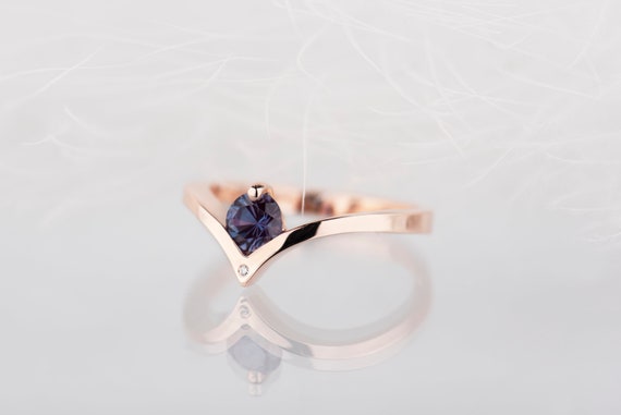 14K rose gold alexandrite chevron solid engagement ring