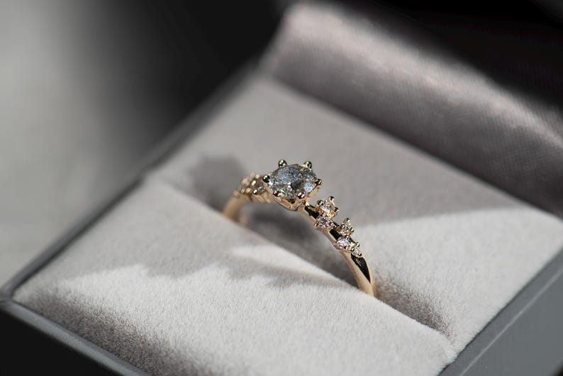 14K gold salt and pepper diamond and white diamonds engagement ring in a jewelry box