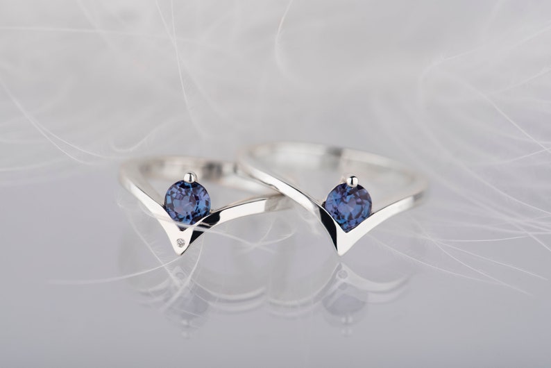 Two 14K white gold alexandrite chevron rings - one with accent diamond, second without accent diamond