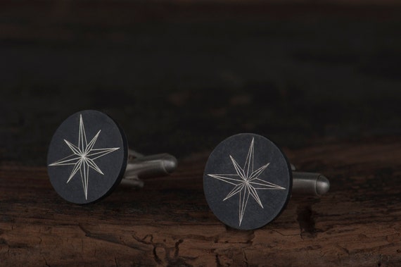 Black sterling silver compass rose cufflinks