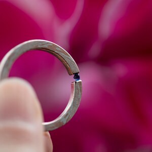Mokume gane sterling silver and copper round natural blue sapphire tension engagement ring