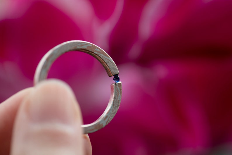 Mokume gane sterling silver and copper round natural blue sapphire tension engagement ring