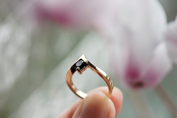 14K yellow gold black diamond chevron engagement ring