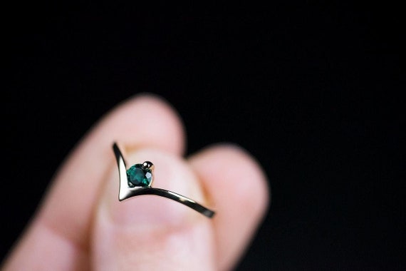 14K yellow, white or rose gold lab created emerald chevron slim engagement ring