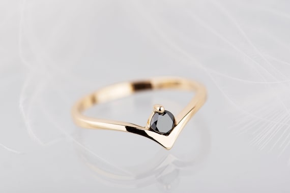 14K rose, yellow or white gold black diamond chevron slim ring