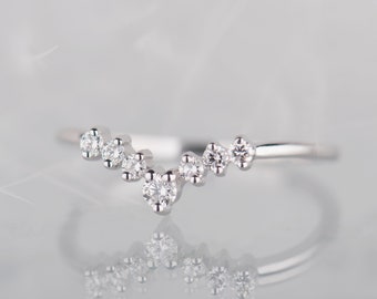 14K white gold diamond, moissanite or white sapphire chevron wedding band