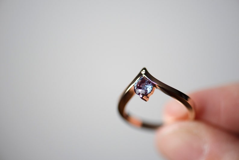 14K rose gold alexandrite chevron ring with accent diamond