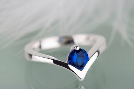 Silver Sapphire Engagement Ring Modern Solitaire Blue Stone Etsy