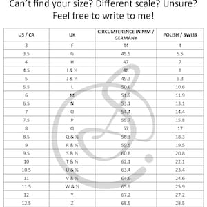 May include: A ring size guide chart with columns for US/CA, UK, Germany, and Polish/Swiss ring sizes. The chart shows the corresponding ring size in millimeters for each size.