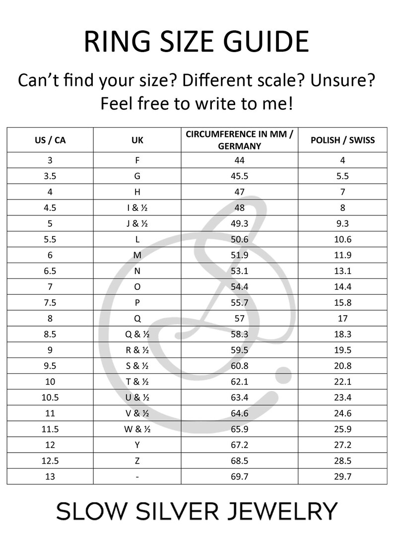 May include: A ring size guide chart with columns for US/CA, UK, Germany, and Polish/Swiss ring sizes. The chart shows the corresponding ring size in millimeters for each size.