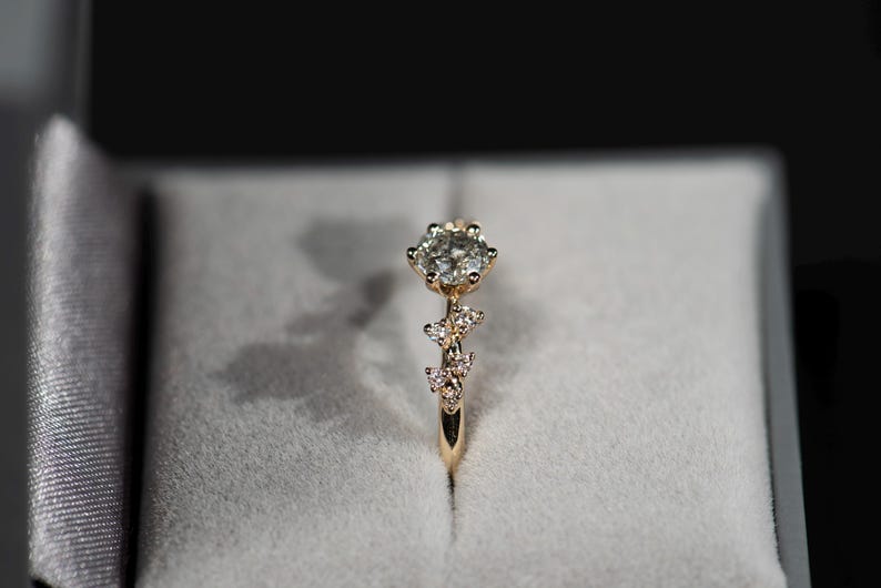 14K gold salt and pepper diamond and white diamonds engagement ring in a jewelry box