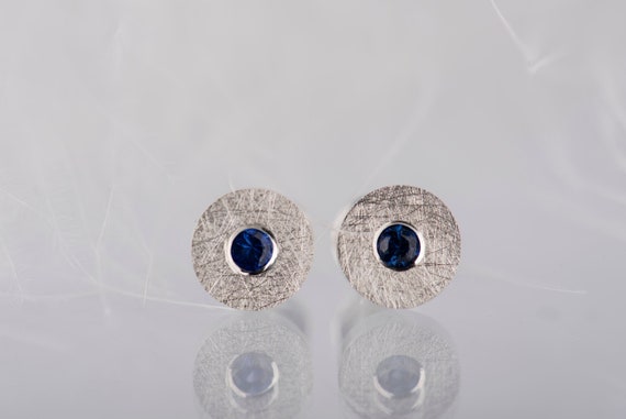 Sterling silver blue sapphire small round stud earrings