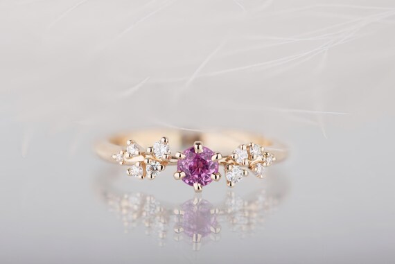 14K gold multistone pink sapphire engagement ring