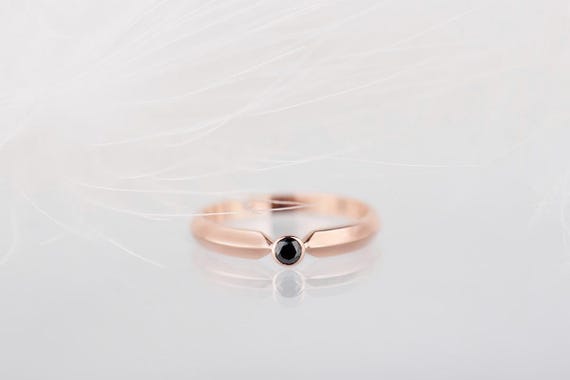 14K rose, white or yellow gold with little black diamond solitaire engagement ring